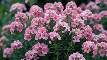 Obraz premium Pink flowering plants with lush green leaves.