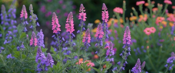 Obraz premium Colorful garden with purple and pink flowers, lush green foliage and vibrant blooming plants.