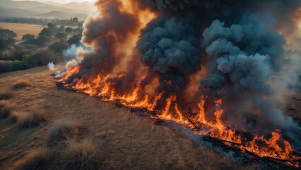 Wildfire burning through dry grassland with thick smoke clouds rising into the sky. Environmental disaster, wildfire, natural destruction. Fire and smoke in the landscape.