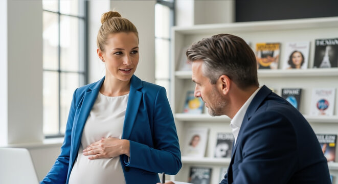 Pregnant businesswoman talking with colleague in modern office. Maternity workplace business meeting pregnancy work life balance professional career