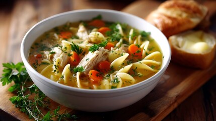 Warm Chicken Noodle Soup with Fresh Herbs and Crusty Bread