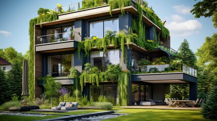 A photo of a modern house with a vertical garden