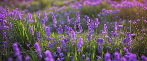 Naklejka premium Lavender flowers in full bloom with purple and green hues, illuminated by sunlight, showcasing a peaceful and natural garden scene.