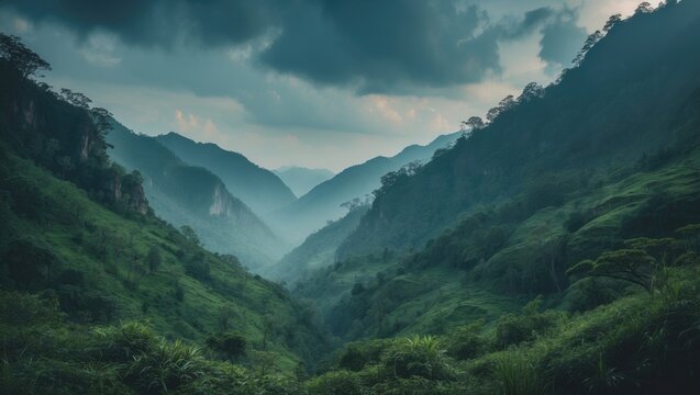 Lush green valley and mountains with mist and clouds overhead, showcasing a natural landscape.