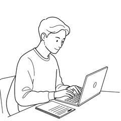 student working on laptop while taking notes at desk with concentration