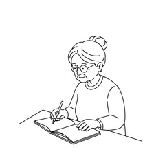 elderly woman writing in notebook sitting at table 
