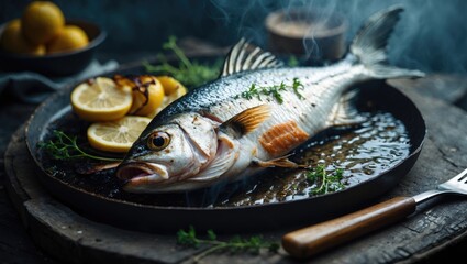 Fresh fish on a black plate with lemon slices and herbs, ready for cooking or serving.