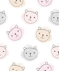 Cute Seamless Vector Pattern With Bears. Funny Hand Drawn Bear Toy Heads and Pink, Coral And Gray Watercolor Stains on a White Background. Lovely Wallpaper For Baby Girl. Print With Teddy Bears. 
