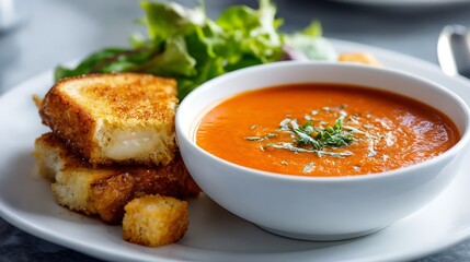 Creamy Tomato Soup Served with Grilled Cheese Sandwich and Salad