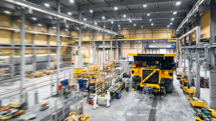 Maintenance fix service of industry truck, repair mining dump car in garage, aerial top view © Parilov