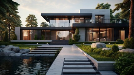 Fototapeta premium A photo of a modern house with a walkway