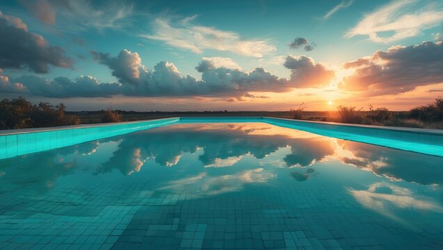 Sunset over a swimming pool with calm water reflecting the sky and clouds. Scenic view of a relaxing outdoor pool during twilight.