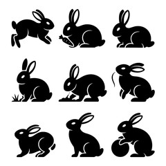 Collection of nine black silhouette illustrations of rabbits in various poses and activities