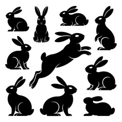 Collection of black silhouette rabbits in various poses sitting jumping and standing upright on white