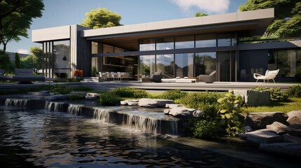 Obraz premium A photo of a modern house with a water feature
