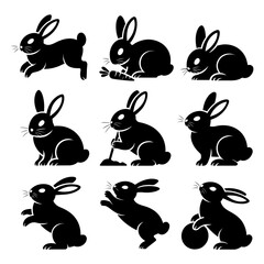 Collection of nine black silhouette illustrations of rabbits in various poses and actions