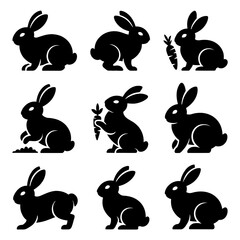 Collection of nine black rabbit silhouettes in various poses with one holding a carrot icon