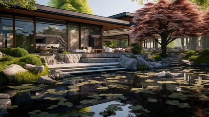 Fototapeta premium A photo of a modern house with a water garden