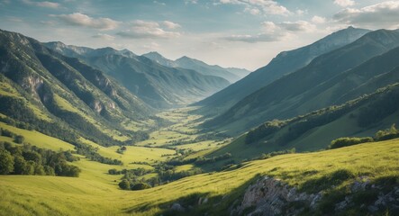 Naklejka premium Lush green valley between mountains with clouds above, scenic landscape, natural beauty, and peaceful environment.