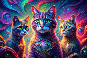 Three colorful cats in a psychedelic dream