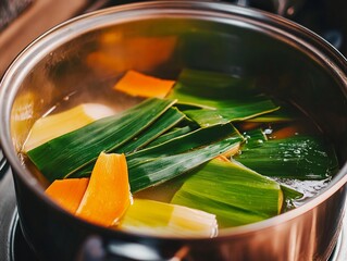 Close-up of a pot containing fresh plantain leaves and other vegetables being prepared for a healthy meal, with chicken stock as the base.
