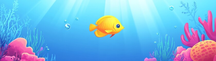Underwater Scene Yellow Fish and Coral Reef, Ocean Life, Marine Illustration, Underwater World Ocean, Fish