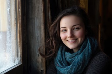 Fototapeta premium Peaceful Woman Smiling by Window - Serene Moment of Solitude Indoors