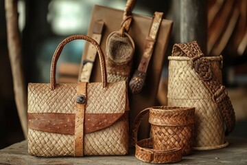 Stylish Sustainable Accessories - Eco-Conscious Bags, Belts, Jewelry. Concept of a frugal lifestyle and environmental awareness..