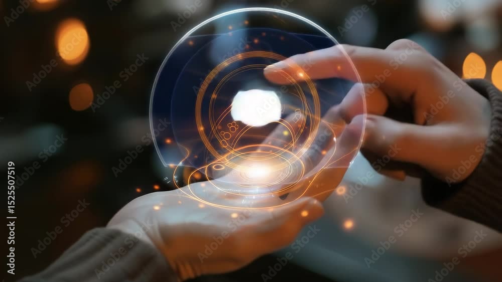 Poster hand displaying glowing holographic sphere with intricate design in a dimly lit room showcasing adva