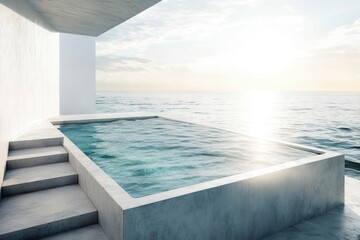 Obraz na płótnie Canvas Minimalist Infinity Pool Design with Calm Blue Sea View - Zen Atmosphere. Suitable for advertising hotels and luxury resorts, travel agencies.