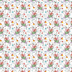 Seamless Festive Christmas Pattern with Poinsettia Flowers, Candy Canes, Holly Leaves, Berries, Ornaments, Evergreen Branches and Seasonal Decorative Elements on White Background