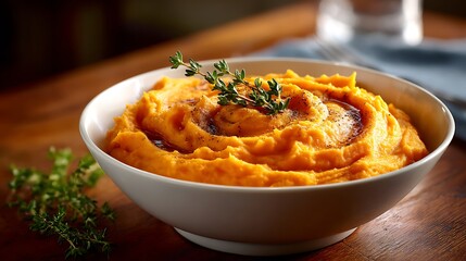 Creamy Mashed Sweet Potatoes Garnished with Fresh Thyme in a White Bowl