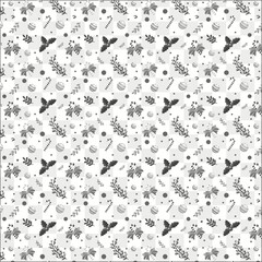Seamless Festive Christmas Pattern with Poinsettia Flowers, Candy Canes, Holly Leaves, Berries, Ornaments, Evergreen Branches and Seasonal Decorative Elements on White Background