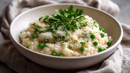 Creamy Risotto with Peas, Parmesan, and Fresh Parsley in a White Bowl