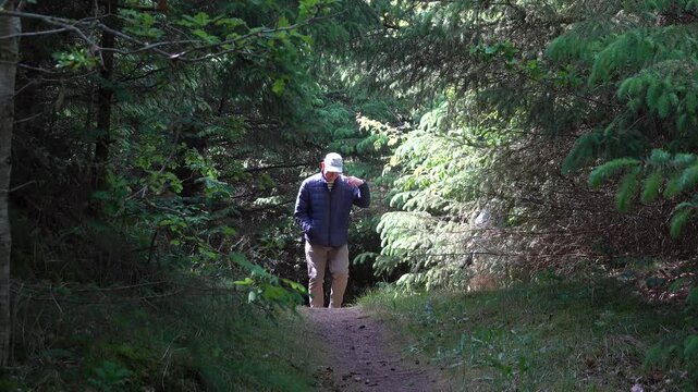 Hirtshals, Denmark A man walks on a forested path on a sunny summer day. 