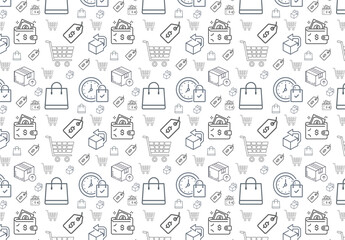  Shopping line seamless pattern. Shopping cart and bag on white background. E-commerce, online shop background. Vector illustration.
