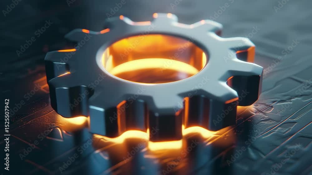 Poster High quality animation of a metallic gear with glowing edges on a textured surface in a dark setting showcasing intricate design and craftsmanship