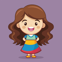 Cartoon Girl with Brown Hair and Colorful Dress on Purple Background