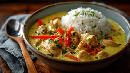 Creamy Chicken Curry with White Rice and Fresh Vegetables