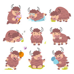 Cartoon yak. Funny yaks in different activity, reading sleeping swimming, doing sport. Cute furry animals, children mascots nowaday vector clipart