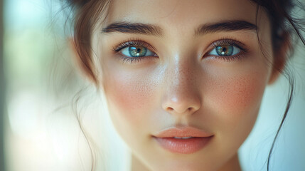 Close-up of a young, beautiful Asian woman with radiant skin, smiling gently against a soft beige background. The image evokes skincare, hydration, and natural beauty, with space for promotional text.