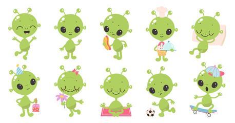 Cartoon green aliens. Funny alien in different poses, isolated cute ufo people. Space creatures cook, sleep, eat hot dog, meditate, nowaday vector clipart