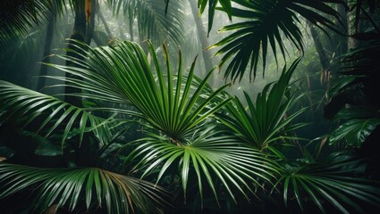 Lush green tropical foliage in a rainforest setting with large palm leaves and dense vegetation.
