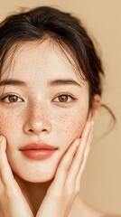 Close-up of a young, beautiful Asian woman with radiant skin, smiling gently against a soft beige background. The image evokes skincare, hydration, and natural beauty, with space for promotional text.
