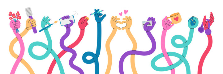 Flexible stretched hands. Long hand holding smartphone, flowers, pen, credit card. Different bright colors gestures, human curved arms, neoteric comic vector set © MicroOne