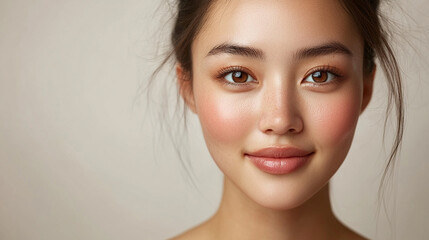 Close-up of a young, beautiful Asian woman with radiant skin, smiling gently against a soft beige background. The image evokes skincare, hydration, and natural beauty, with space for promotional text.