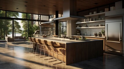 A photo of a modern house with an island kitchen
