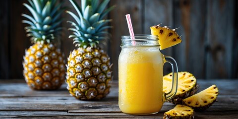 Fresh pineapples and pineapple juice in a jar with slices of pineapple on a rustic wooden surface.