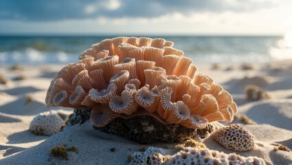 Coral on beach sandy seabed with ocean and sky in background. Marine life, ocean habitat, coastal environment, and natural beauty.