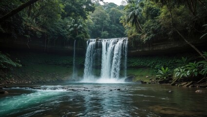 Obraz premium Lush rainforest surrounding a waterfall cascading into a river, ideal for eco-tourism and nature exploration.